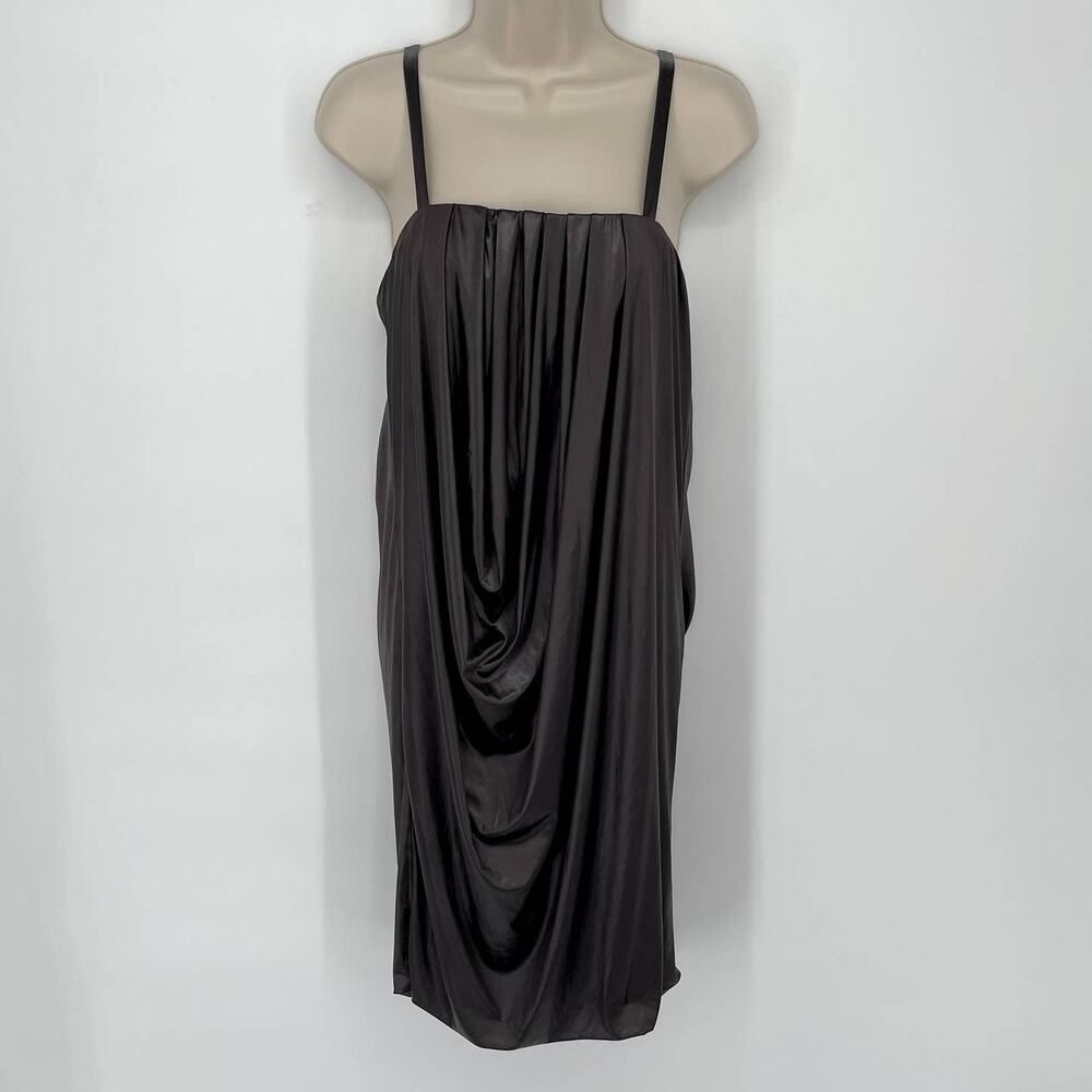 Poleci Women's Draped Matte Satin Mini Slip Dress Sz M Dark Brown Straps Slinky